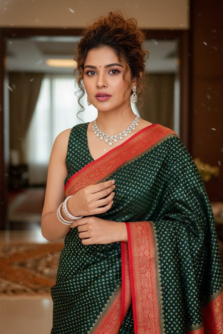 Woman wearing a green saree with red border indoors