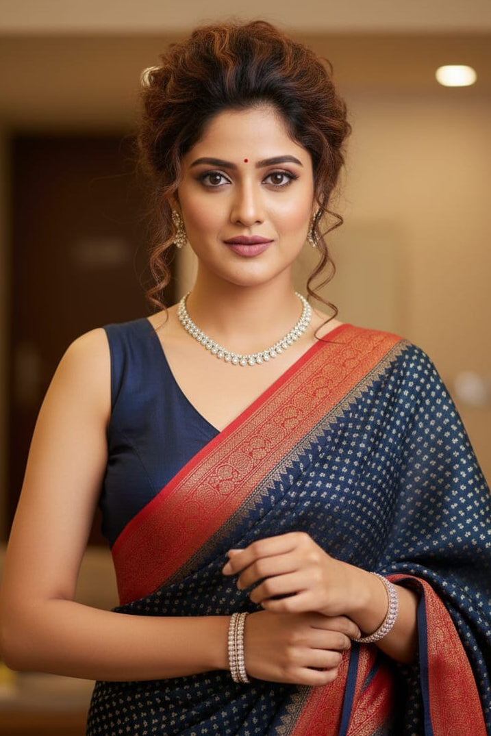 Woman wearing a traditional saree with a blurred indoor background