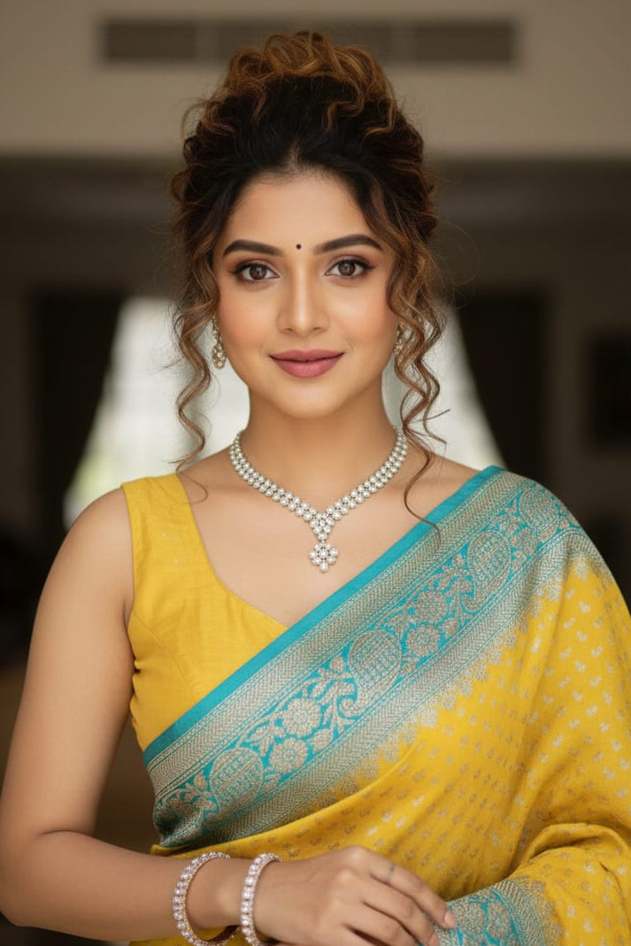 Woman in a yellow saree with a blue border, wearing jewelry indoors.