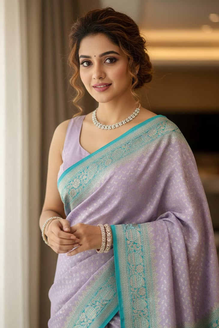 Woman wearing a lavender saree with a blue border indoors