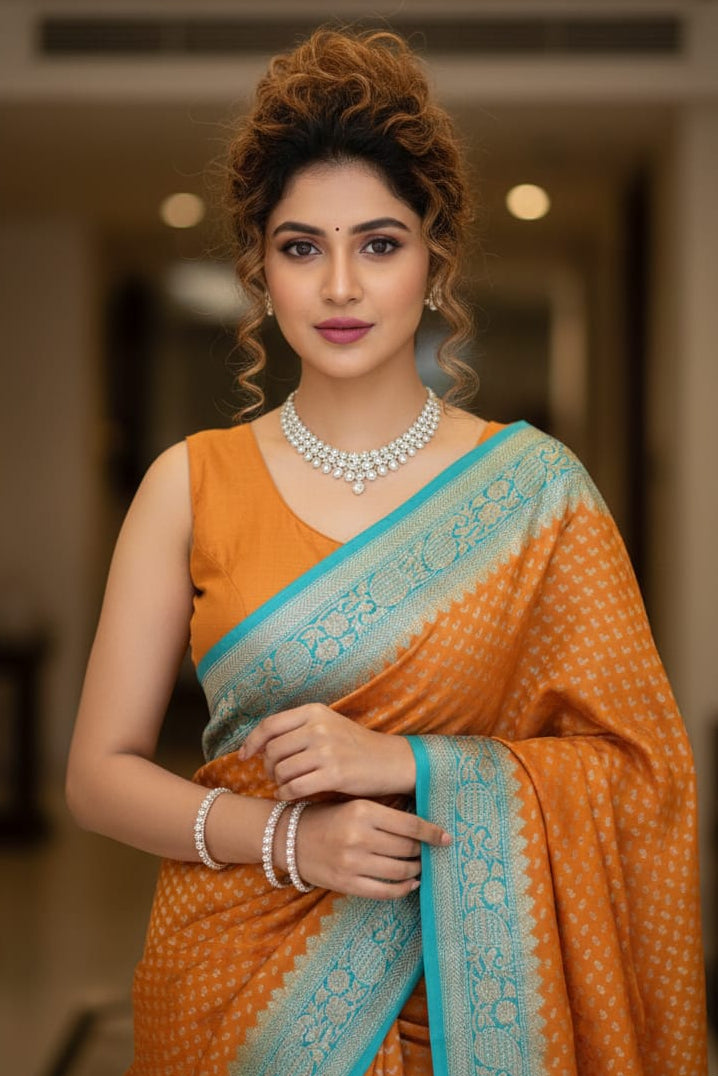 Woman in an orange saree with a blue border indoors