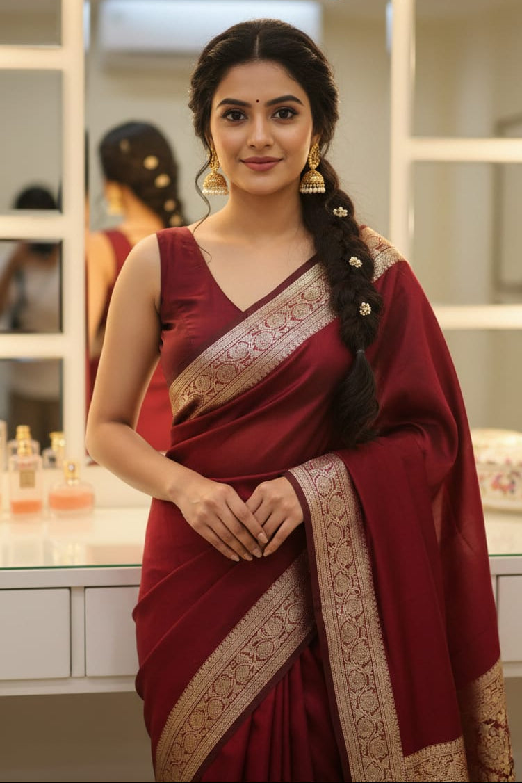 Woman in a red saree with gold border standing in front of a mirror.