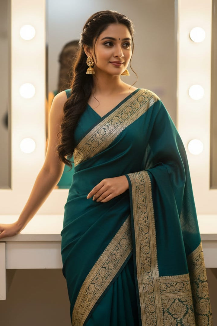 Woman in a teal saree with gold border standing in front of a mirror.