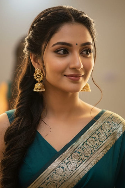 Woman wearing a green saree with gold border indoors