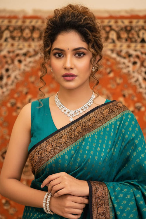 Woman in a teal saree with a patterned background