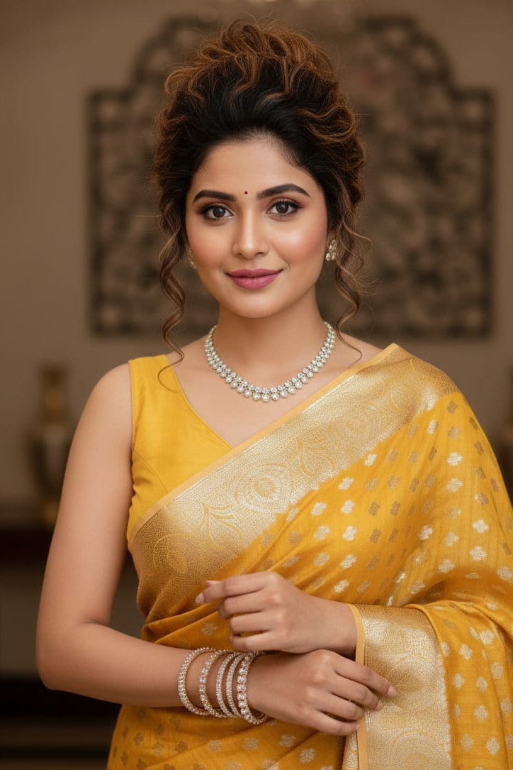 Woman in a yellow saree with a decorative background