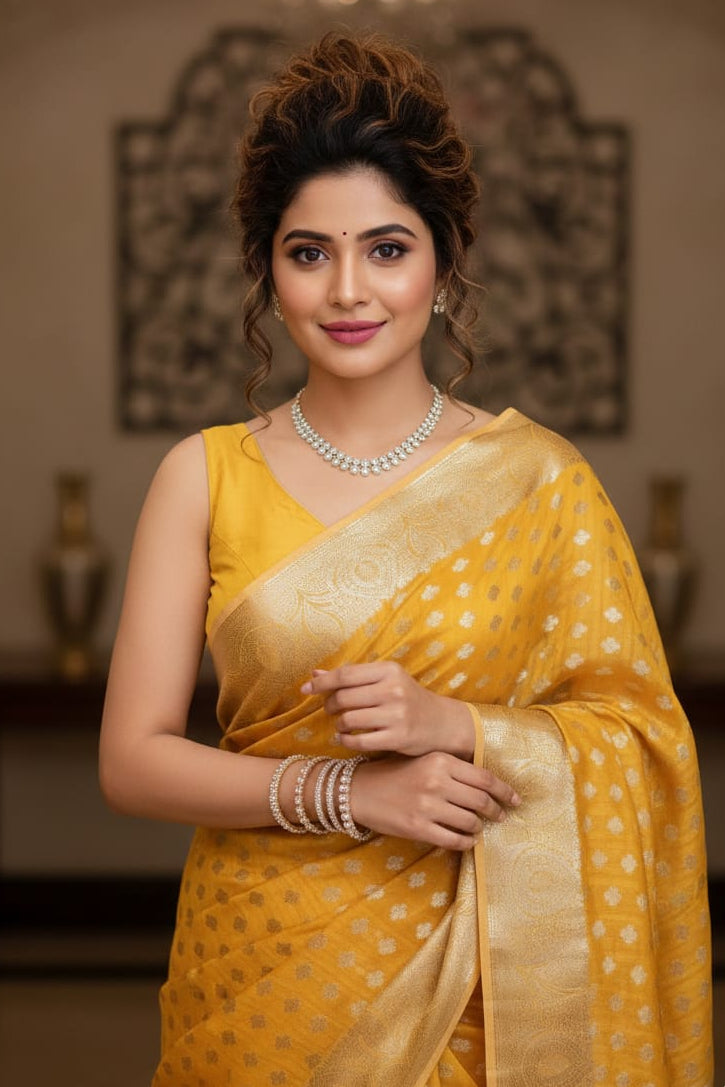 Woman in a yellow saree with a decorative background