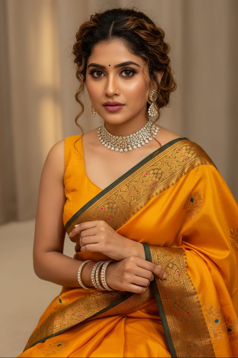 Woman in a yellow saree with gold border against a neutral background