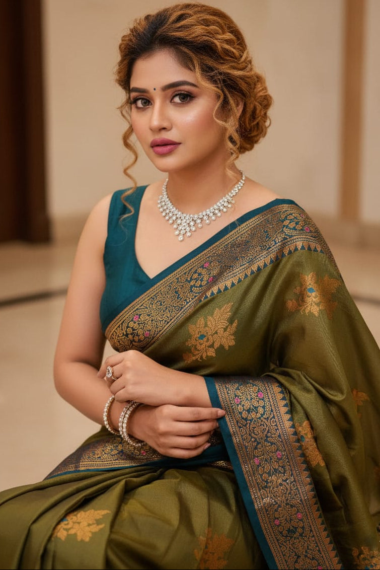 Woman wearing a green saree with intricate patterns indoors