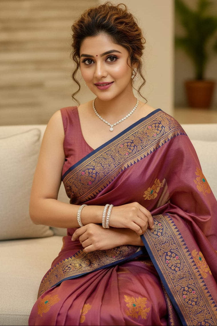 Woman in a maroon saree with gold patterns sitting on a couch.